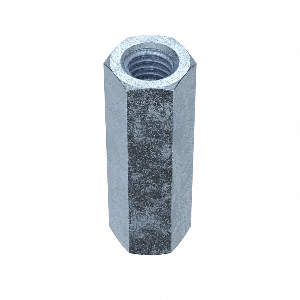 Coupling Nut: Zinc-Plated, Grade A, Steel, 3/8"-16 Thread, 9/16 in Hex Wd, 1 3/4 in Lg, 10 PK