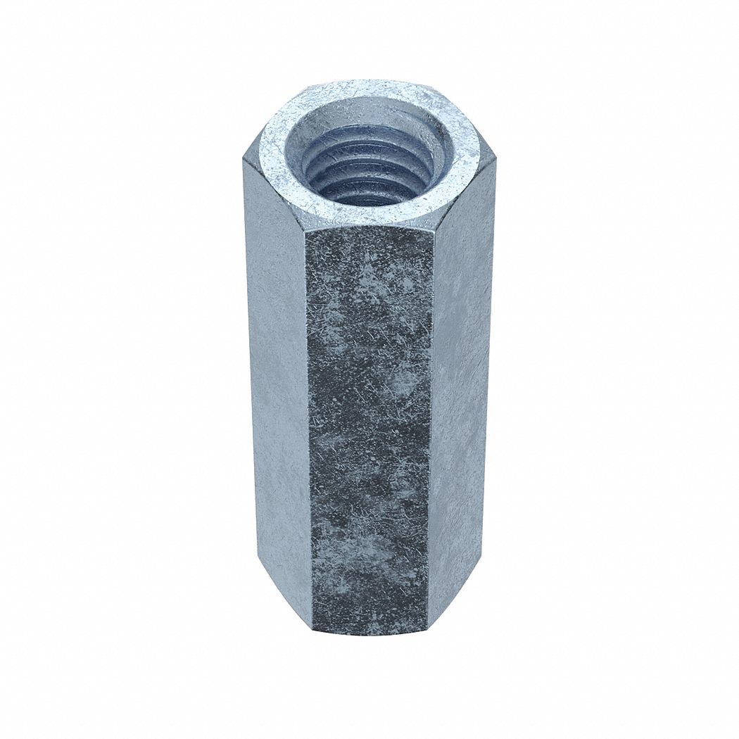 Coupling Nut: Zinc-Plated, Grade A, Steel, 7/16"-14 Thread, 5/8 in Hex Wd, 1 3/4 in Lg, 10 PK
