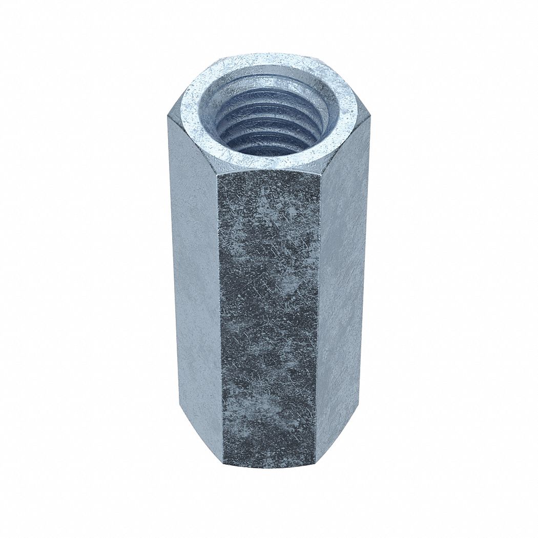Coupling Nut: Zinc-Plated, Grade A, Steel, 1/2"-13 Thread, 11/16 in Hex Wd, 1 3/4 in Lg, 10 PK