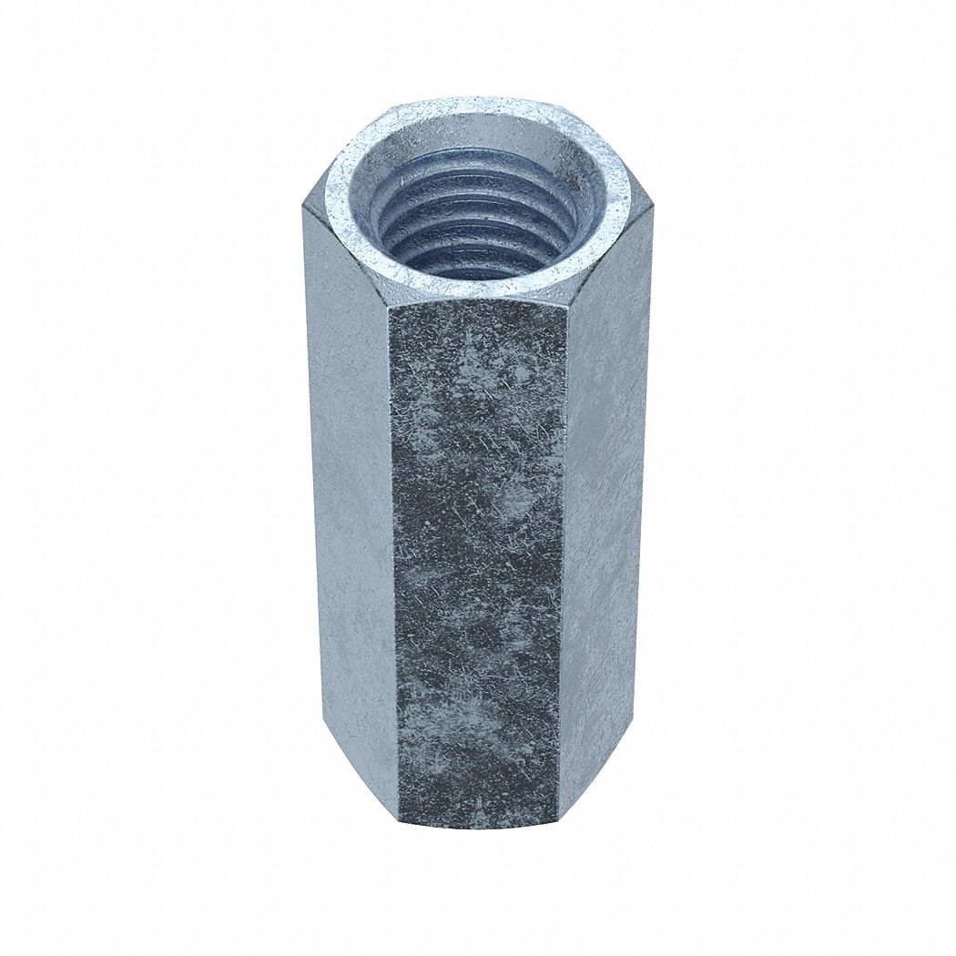 Coupling Nut: Zinc-Plated, Grade A, Steel, 5/8"-11 Thread, 13/16 in Hex Wd, 2 1/8 in Lg, 2 PK