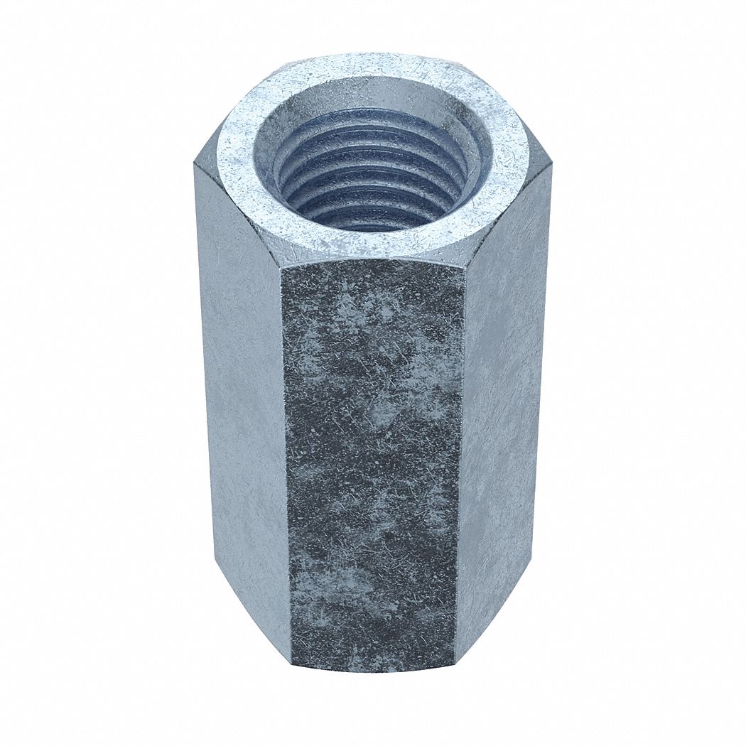 Coupling Nut: Zinc-Plated, Grade A, Steel, 7/8"-9 Thread, 1 1/4 in Hex Wd, 2 1/2 in Lg, 2 PK