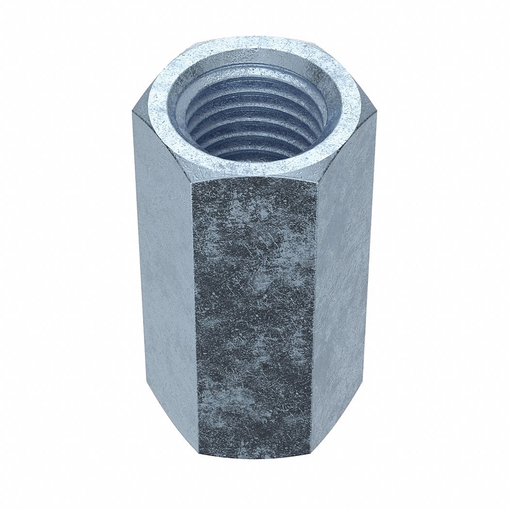 Coupling Nut: Zinc-Plated, Grade A, Steel, 1 1/8"-7 Thread, 1 1/2 in Hex Wd, 3 in Lg