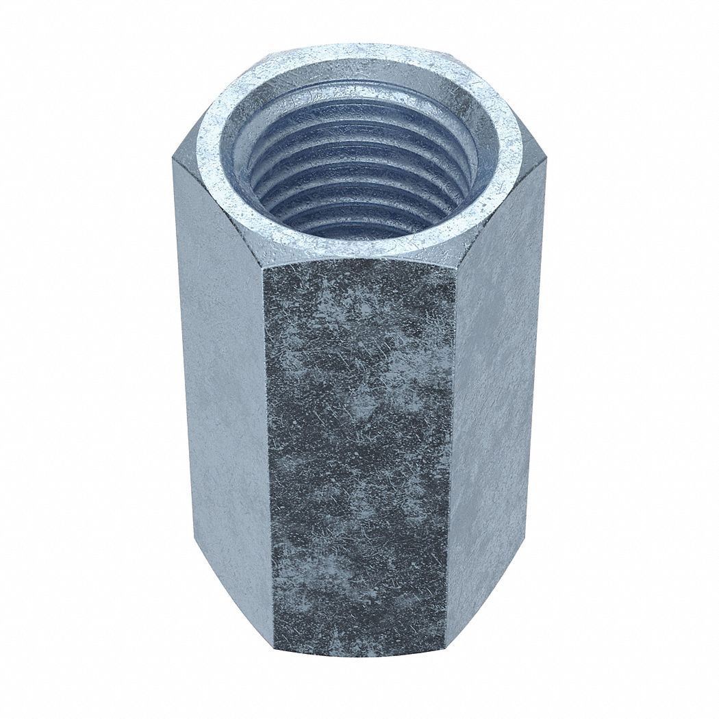 Coupling Nut: Zinc-Plated, Grade A, Steel, 1 1/4"-7 Thread, 1 5/8 in Hex Wd, 3 in Lg