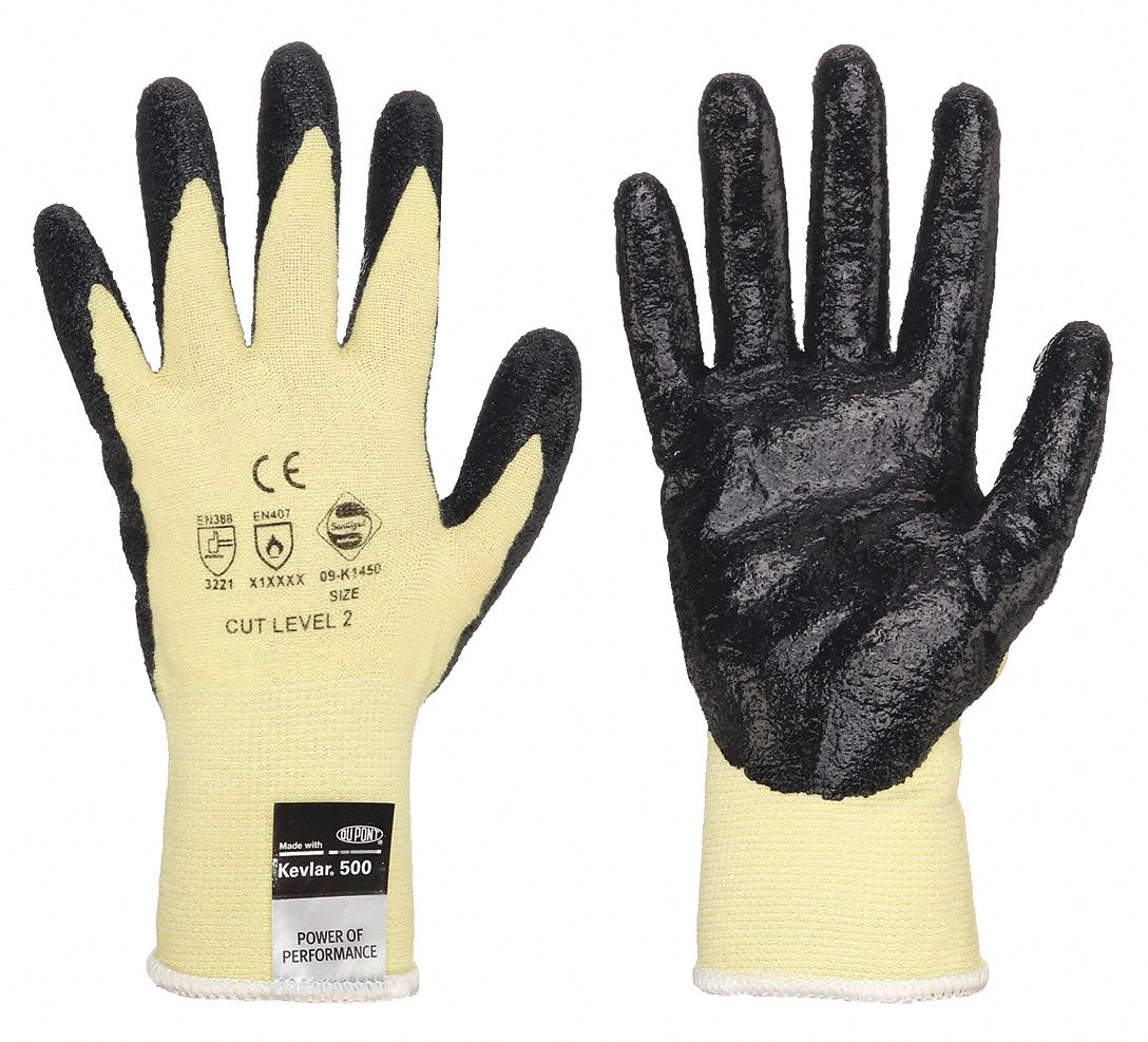 Knit Gloves: 2XL ( 11 ), ANSI Cut Level A2, Palm, Dipped, Nitrile, Kevlar® ( 15 ga ), 12 PK