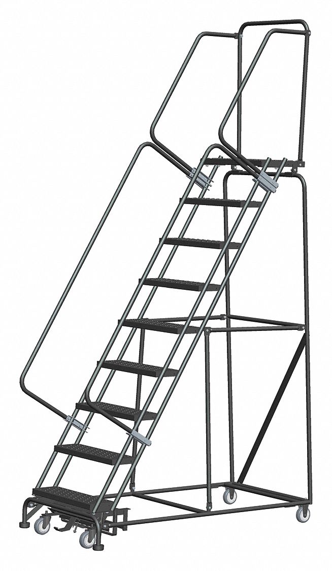 Rolling Ladder: 7.5 ft Platform Ht, Assembled, Steel, Wt-Actuated Auto-Lock, 32 in x 68 in