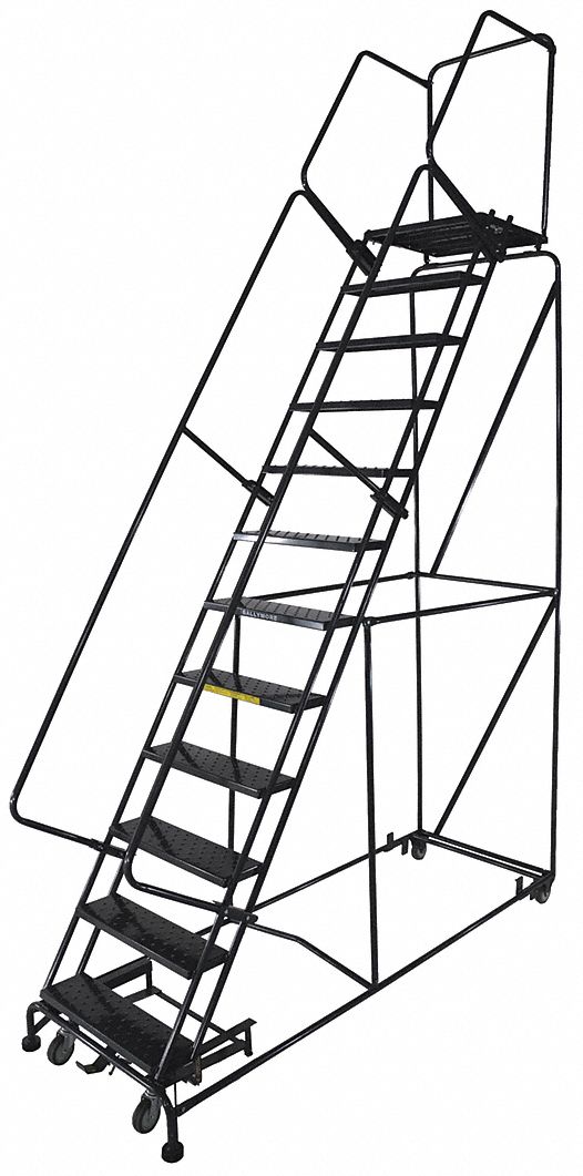 ROLLING LADDER, 10 FT PLATFORM H, UNASSEMBLED, STEEL, W-ACTUATED AUTO-LOCK, PERFORATED