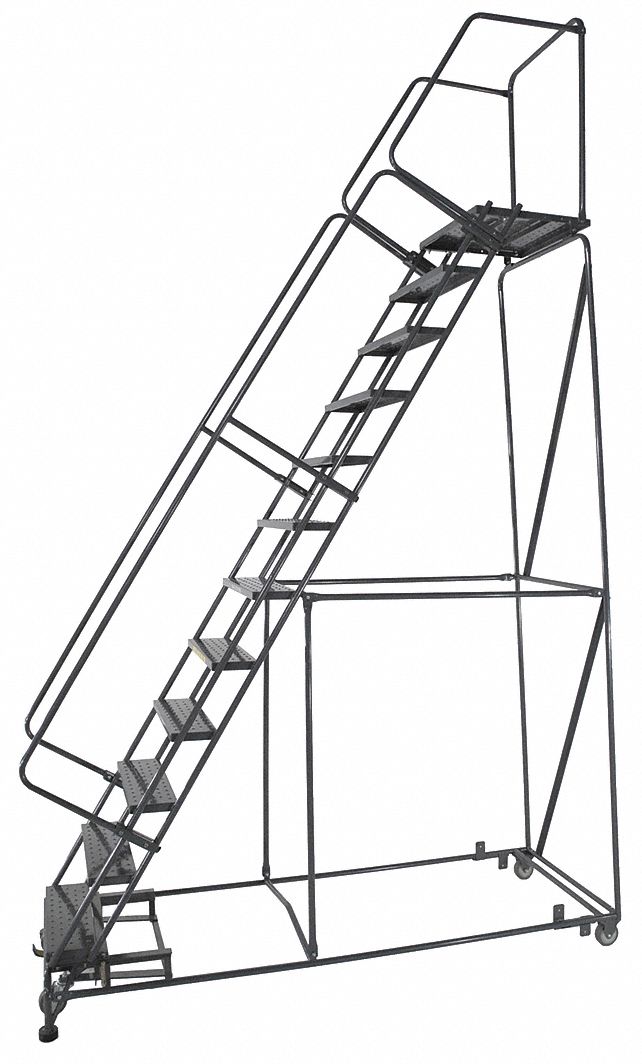 ROLLING LADDER, 11.7 FT PLATFORM H, UNASSEMBLED, STEEL, W-ACTUATED AUTO-LOCK, PERFORATED