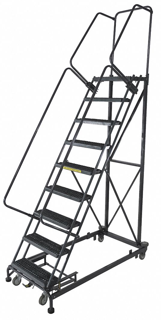 Rolling Ladder: 7.5 ft Platform Ht, Unassembled, Steel, Wt-Actuated Auto-Lock, Serrated