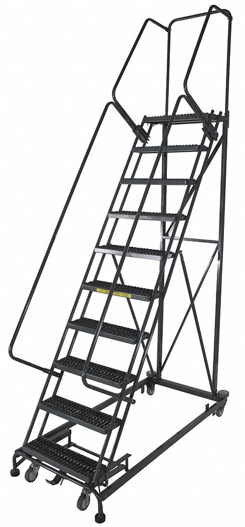ROLLING LADDER, 9.2 FT PLATFORM H, UNASSEMBLED, STEEL, W-ACTUATED AUTO-LOCK, SERRATED, 12½ FT OVERALL HEIGHT