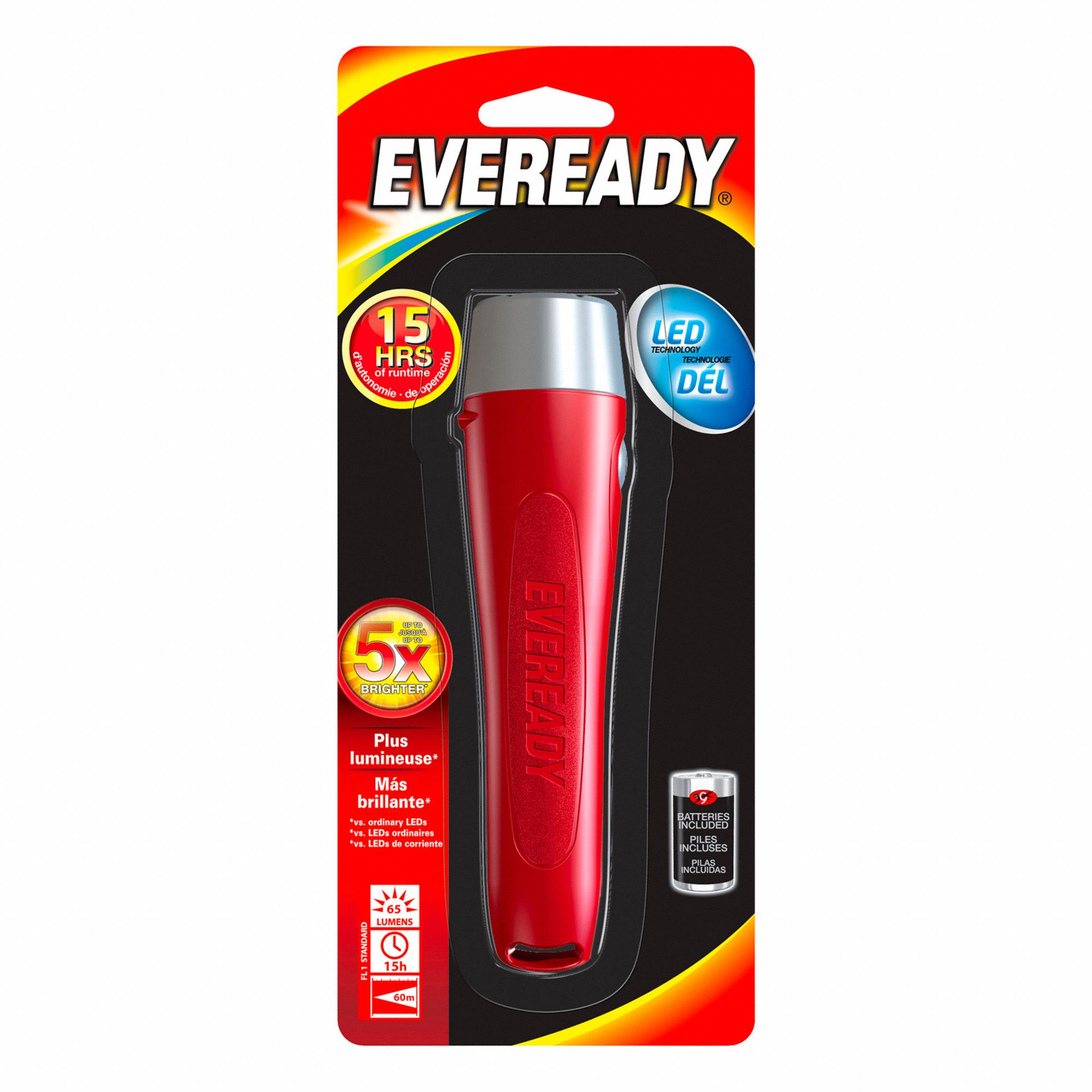 HANDHELD FLASHLIGHT, LED, 65 LUMENS, 35 HR BATTERY, RED, 2.7 OZ, 6.1 IN L/1.5 IN DIA, POLYCARBONATE