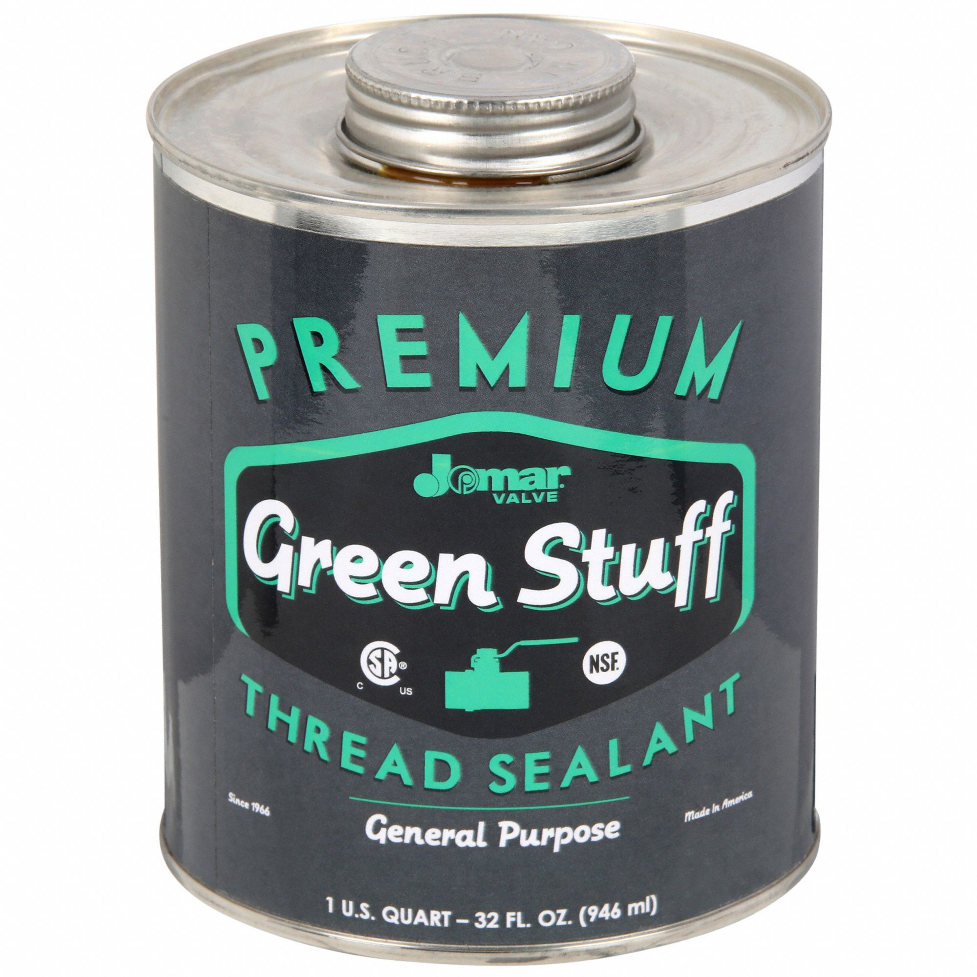 Pipe Thread Sealant: Green Stuff, 32 fl oz, Brush-Top Can, Green, Non-Corrosive