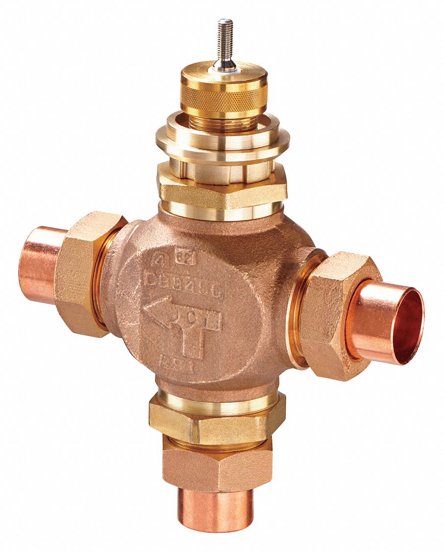 HYDRONIC GLOBE VALVE, 3-WAY, 18½ CV FLOW, 1¼ IN FEMALE UNION SWEAT, BRONZE BODY, TEE
