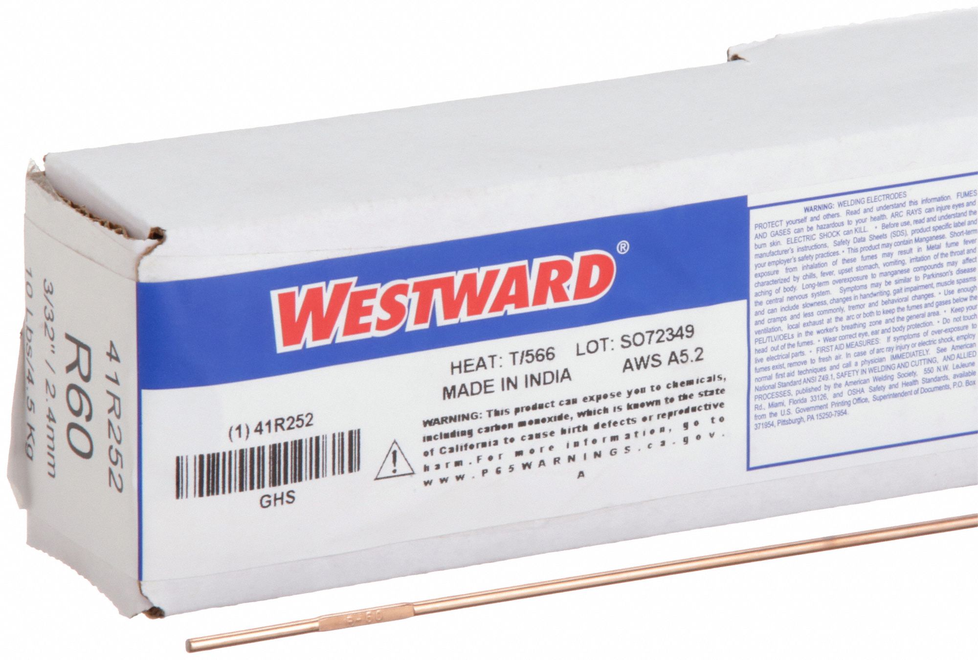 Gas Welding Rod: Carbon Steel, R60, 3/32 in x 36 in, 10 lb, Box