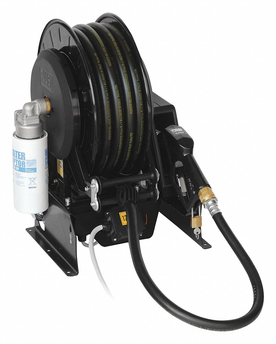 FUEL TRANSFER PUMP, W HOSE REEL, 1/8 HP, 12 V, 24 X 14 X 25 IN PUMP, 50 FT  X 3/4 IN HOSE