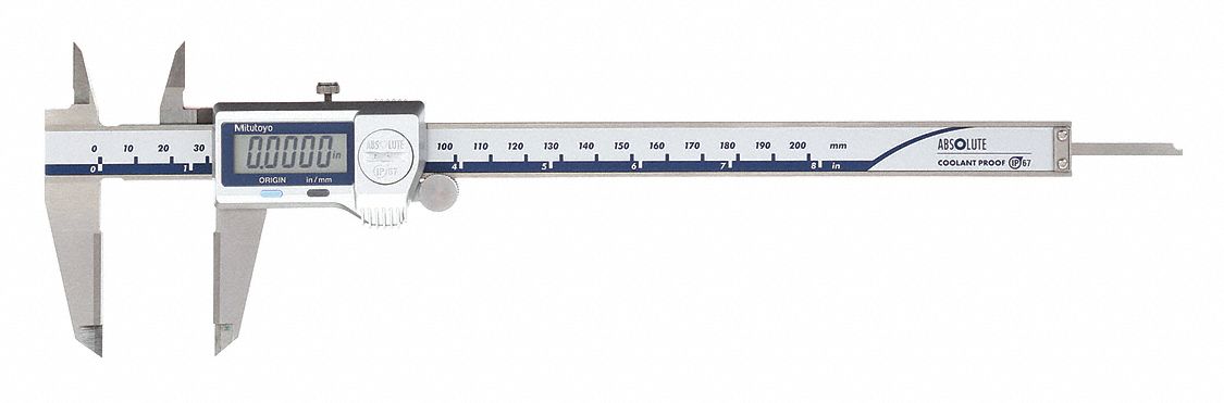 Carbide Jaw 4-Way Digital Caliper: 0 in to 8 in /0 mm to 200 mm, IP67, Inch/Metric, Cabled