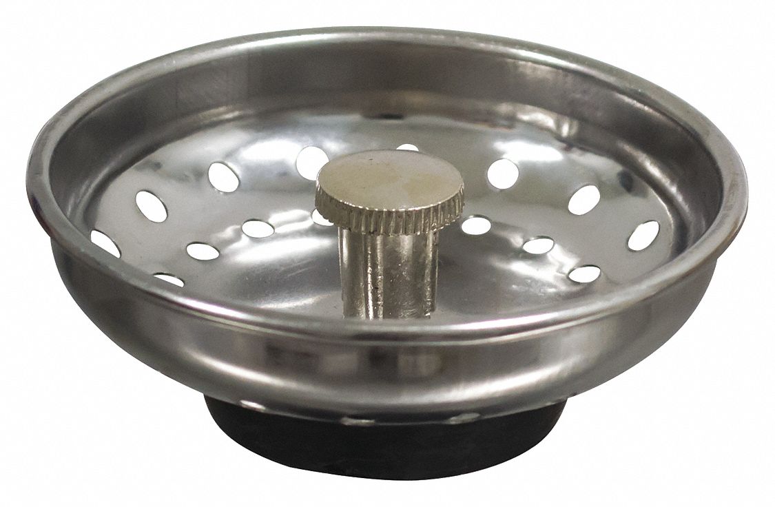 Strainer: 3 1/2 in Overall Dia, Stainless Steel, Round Holes, Sink Drain