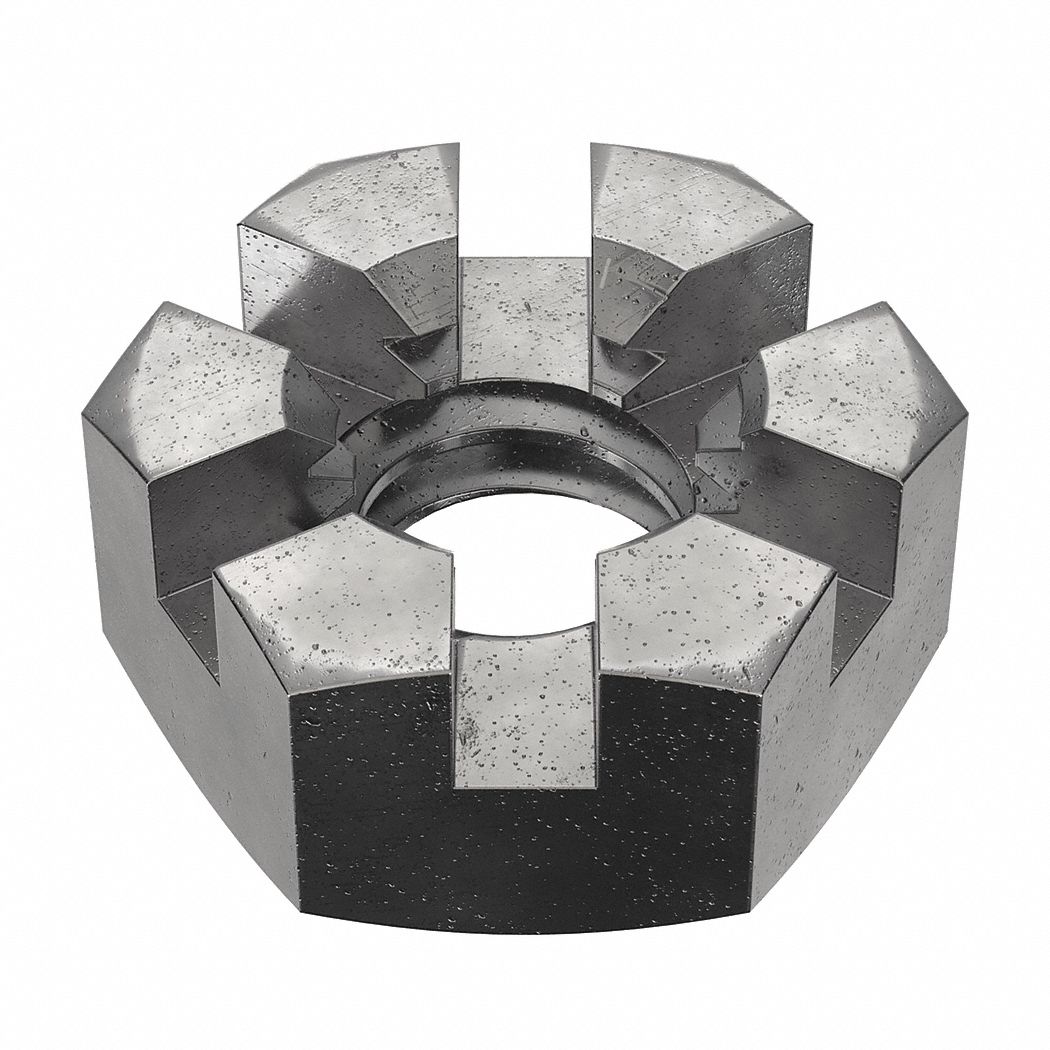 Castle Nut: Slotted Castle, Std Hex, 1/4"-20 Thread Size, Steel, Grade 2, Plain, 100 PK