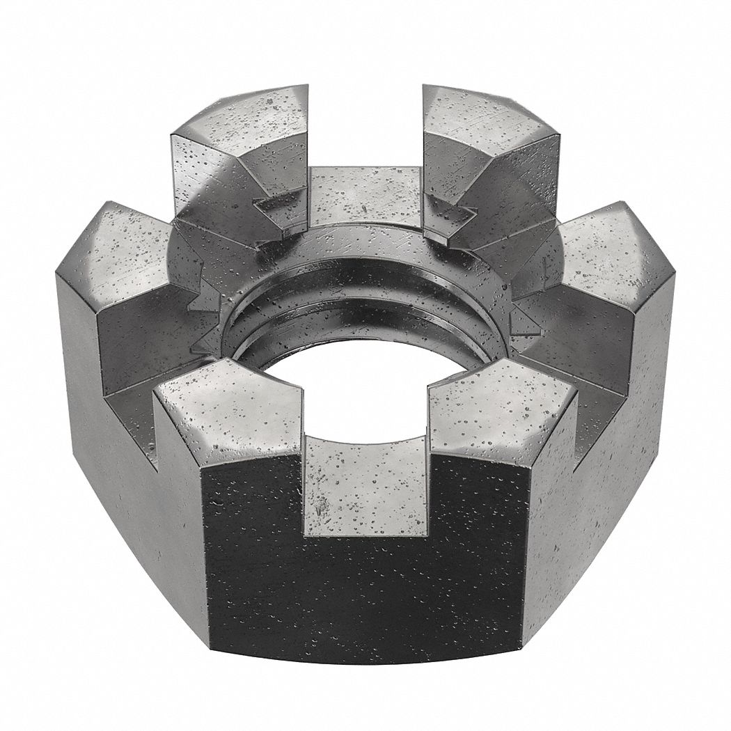 Castle Nut: Slotted Castle, Std Hex, 3/8"-16 Thread Size, Steel, Grade 2, Plain, 25 PK