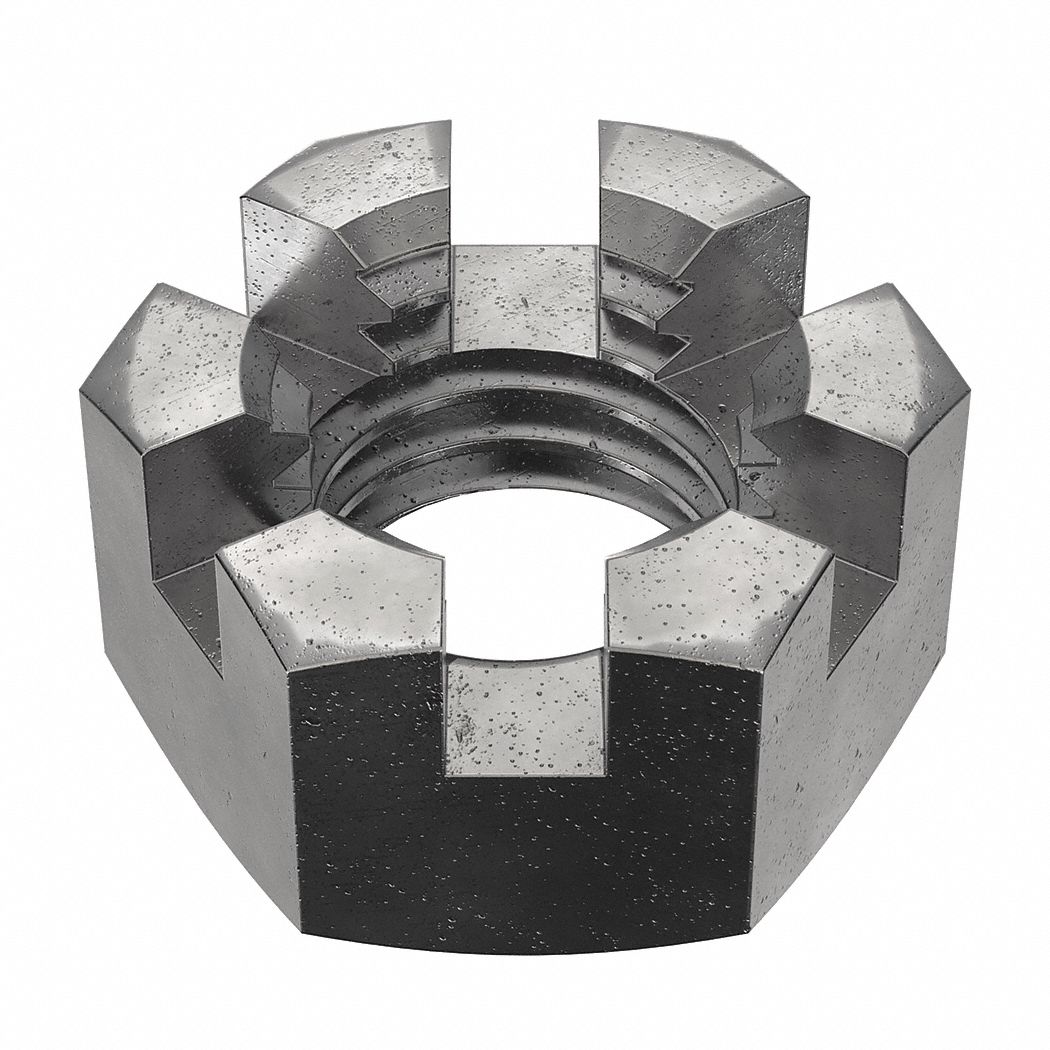 Castle Nut: Slotted Castle, Std Hex, 5/8"-11 Thread Size, Steel, Grade 2, Plain, 10 PK