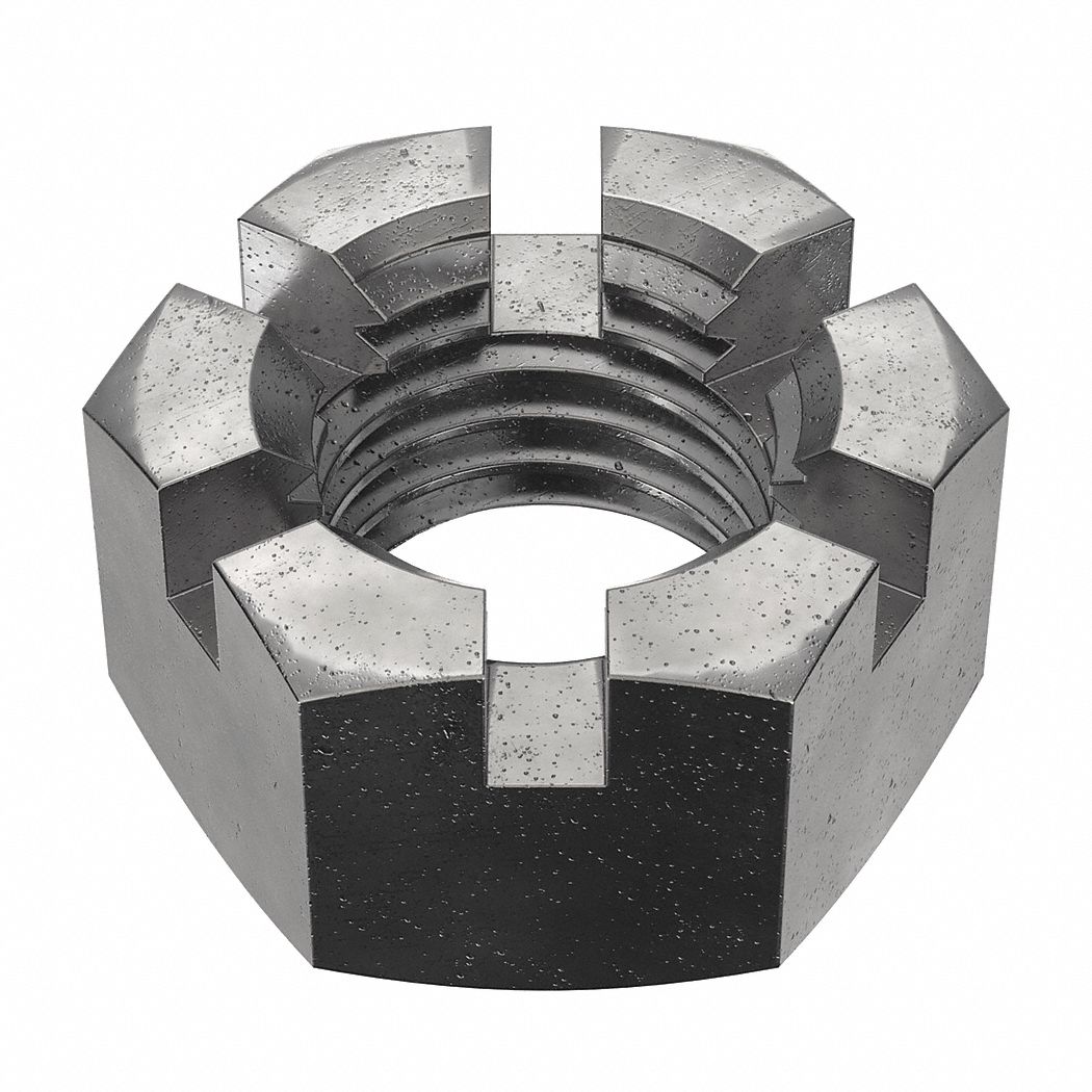 Castle Nut: Slotted Castle, Std Hex, 7/8"-9 Thread Size, Steel, Grade 2, Plain, 5 PK