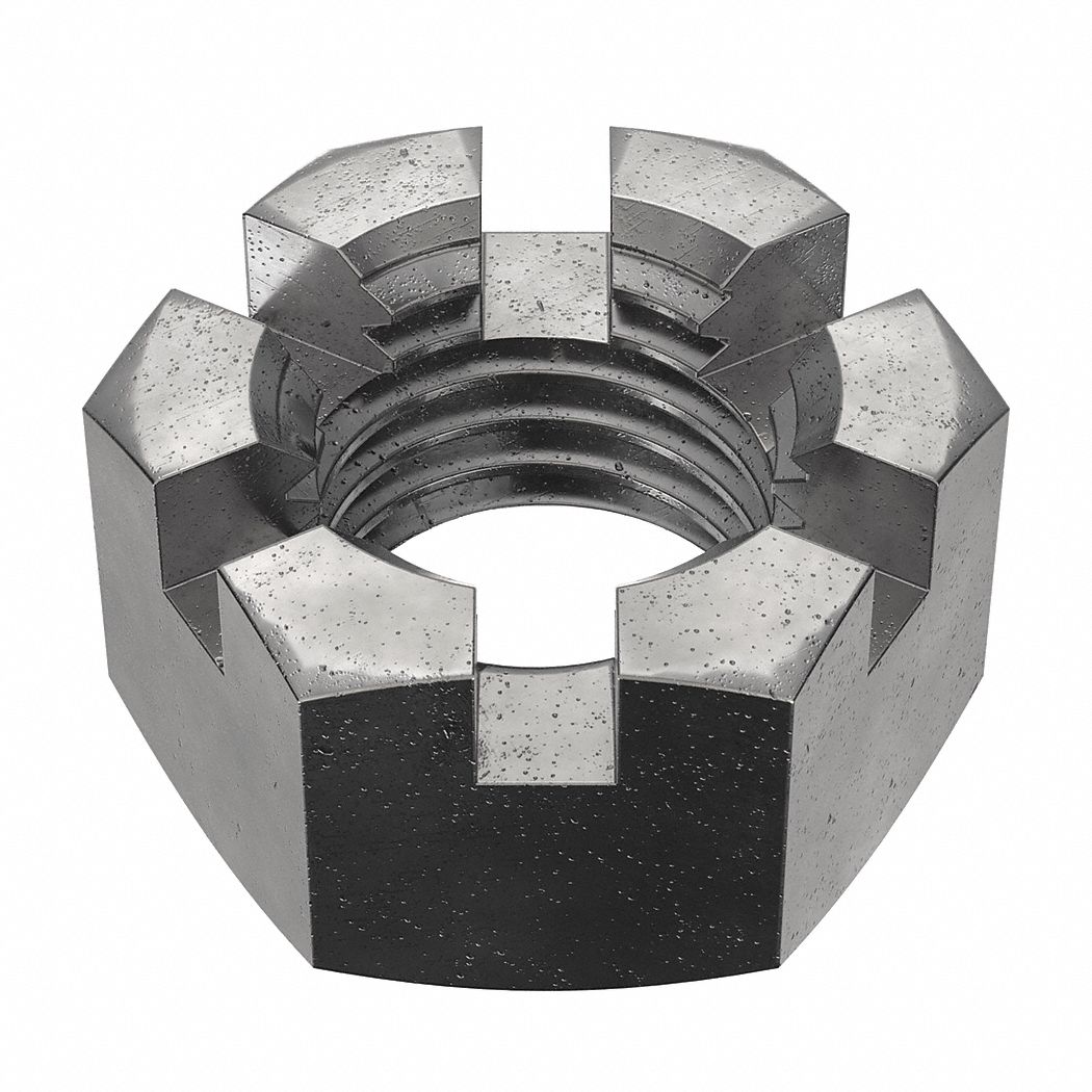 Castle Nut: Slotted Castle, Std Hex, 1"-8 Thread Size, Steel, Grade 2, Plain, 1 1/2 in Hex Wd, 5 PK