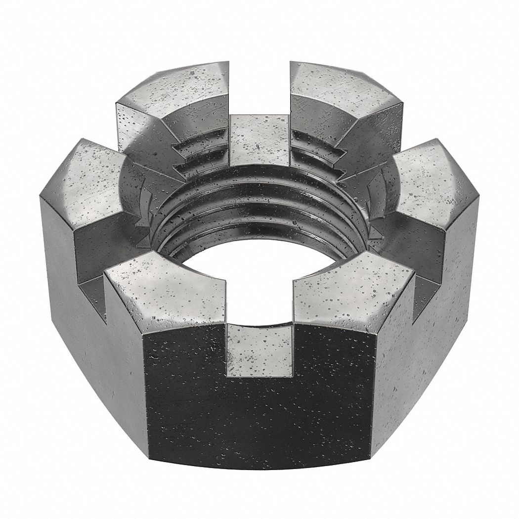 Castle Nut: Slotted Castle, Std Hex, 1 1/4"-7 Thread Size, Steel, Grade 2, Plain, 1 7/8 in Hex Wd