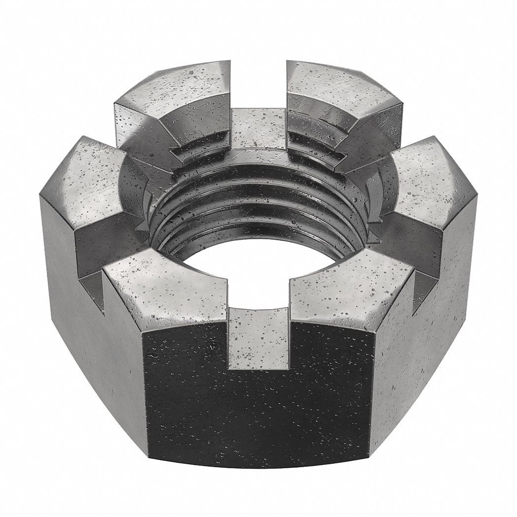 Castle Nut: Slotted Castle, Std Hex, 1 5/8"-5 1/2 Thread Size, Steel, Grade 2, Plain