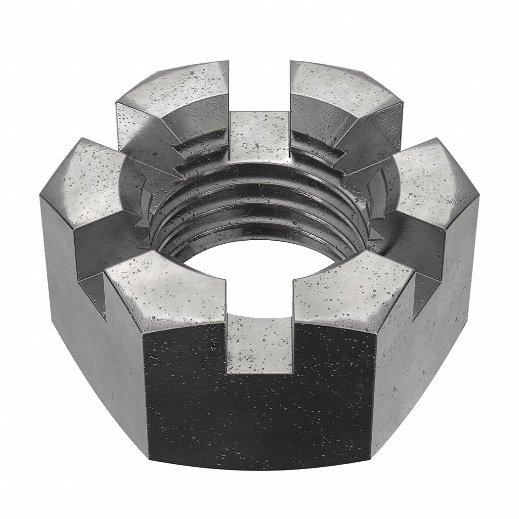 Castle Nut: Slotted Castle, Std Hex, 1 3/4"-5 Thread Size, Steel, Grade 2, Plain, 2 5/8 in Hex Wd