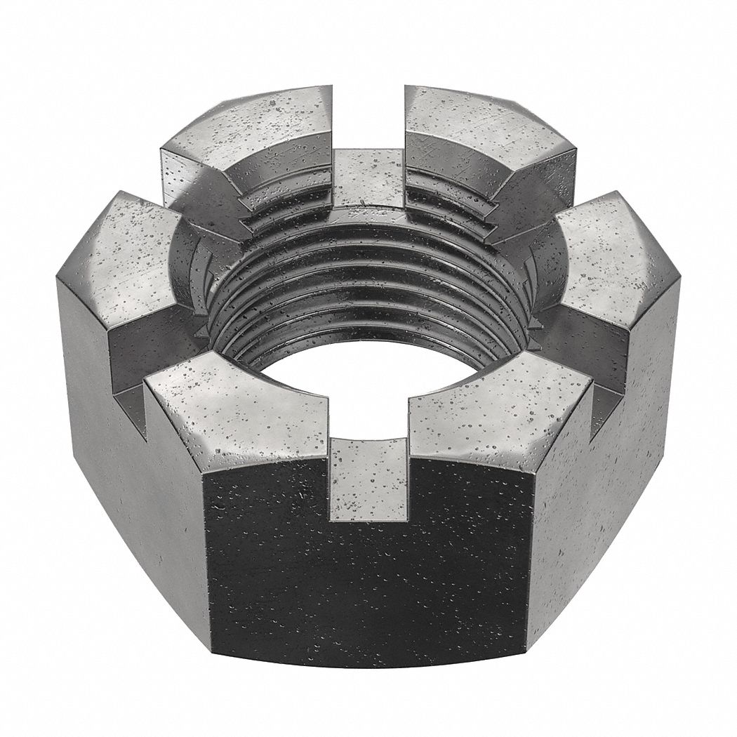 Castle Nut: Slotted Castle, Std Hex, 3"-4 Thread Size, Steel, Grade 5, Plain, 4 1/2 in Hex Wd