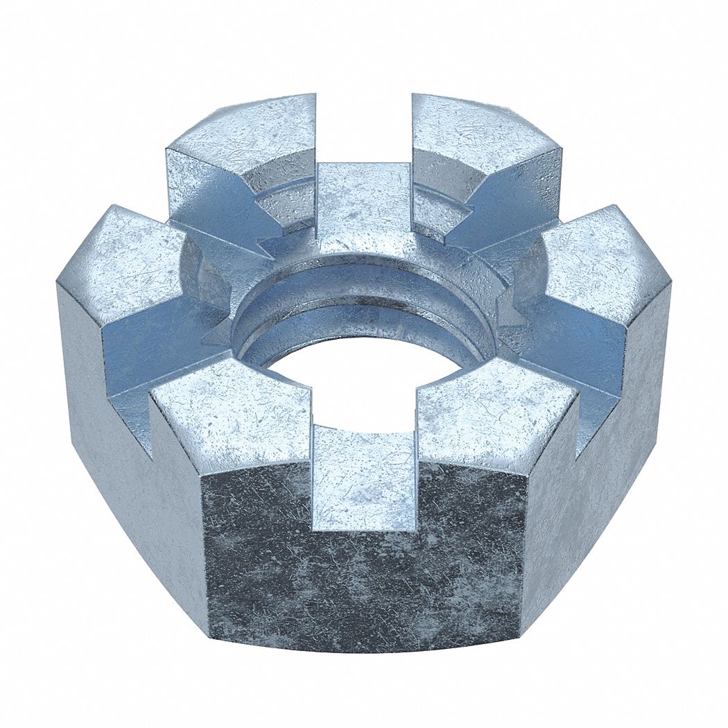 Castle Nut: Slotted Castle, Std Hex, 5/16"-18 Thread Size, Steel, Grade 5, Zinc-Plated, 25 PK