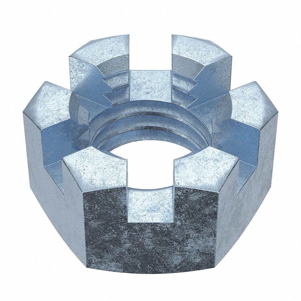 Castle Nut: Slotted Castle, Std Hex, 5/8"-11 Thread Size, Steel, Grade 5, Zinc-Plated, 10 PK
