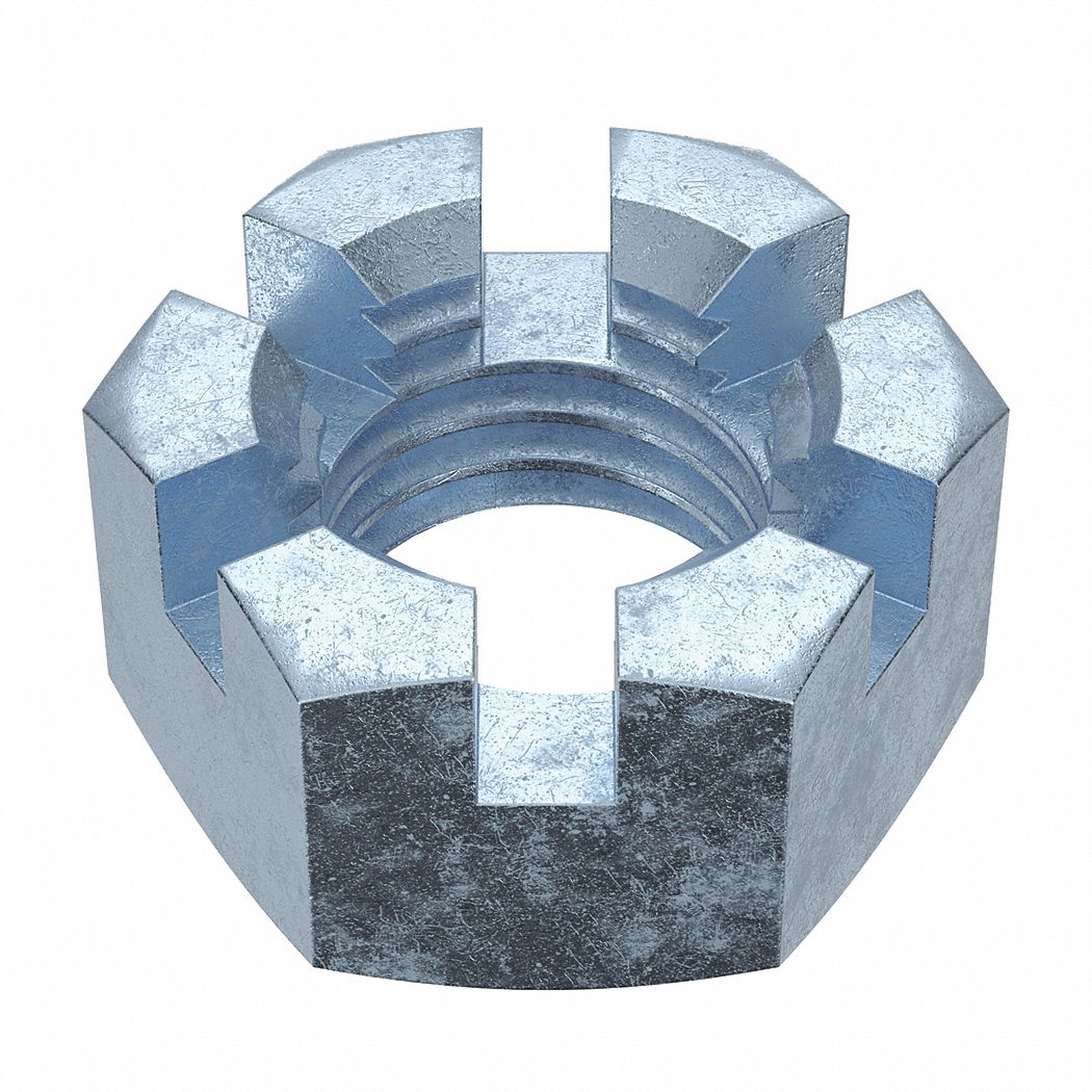 Castle Nut: Slotted Castle, Std Hex, 3/4"-10 Thread Size, Steel, Grade 5, Zinc-Plated, 5 PK