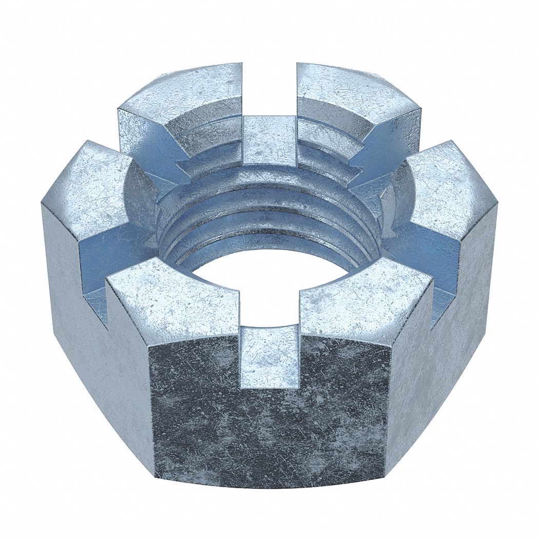 Castle Nut: Slotted Castle, Std Hex, 7/8"-9 Thread Size, Steel, Grade 5, Zinc-Plated, 5 PK
