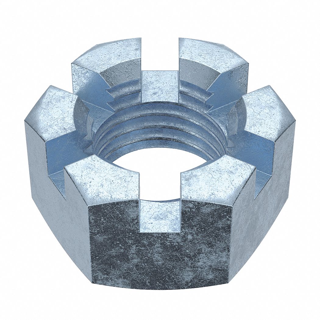 Castle Nut: Slotted Castle, Std Hex, 1 1/4"-7 Thread Size, Steel, Grade 5, Zinc-Plated