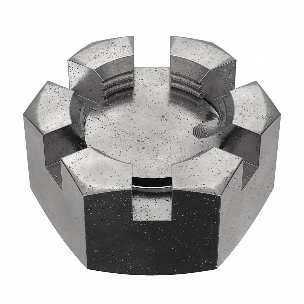 Castle Nut: Slotted Castle, Std Hex, 1 1/4"-12 Thread Size, Steel, Grade 2, Plain, 1 7/8 in Hex Wd