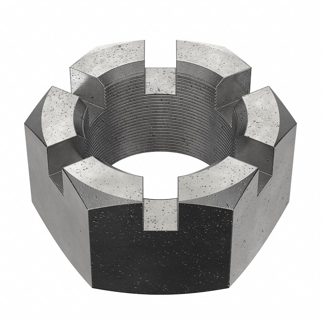 Castle Nut: Slotted Castle, Std Hex, 1 1/2"-12 Thread Size, Steel, Grade 2, Plain, 2 1/4 in Hex Wd