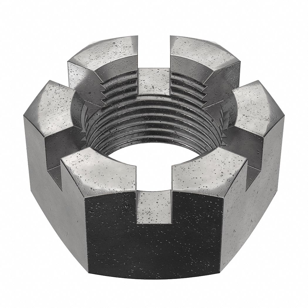Castle Nut: Slotted Castle, Std Hex, 1 1/8"-12 Thread Size, Steel, Grade 5, Plain, 1 11/16 in Hex Wd