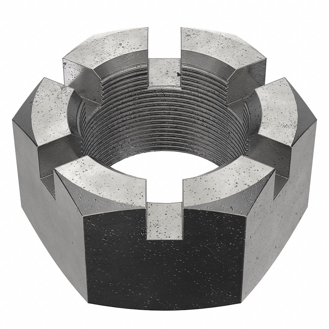 Castle Nut: Slotted Castle, Std Hex, 2 1/4"-12 Thread Size, Steel, Grade 5, Plain, 3 3/8 in Hex Wd