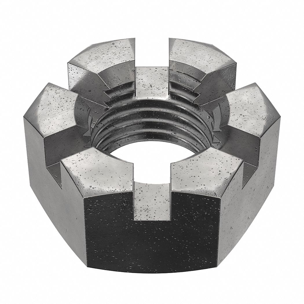 Castle Nut: Slotted Castle, Std Hex, 1 1/2"-6 Thread Size, Steel, Grade 8, Plain, 2 1/4 in Hex Wd