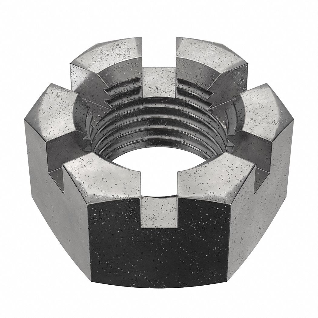 Castle Nut: Slotted Castle, Std Hex, 2 1/2"-4 Thread Size, Steel, Grade 8, Plain, 3 3/4 in Hex Wd