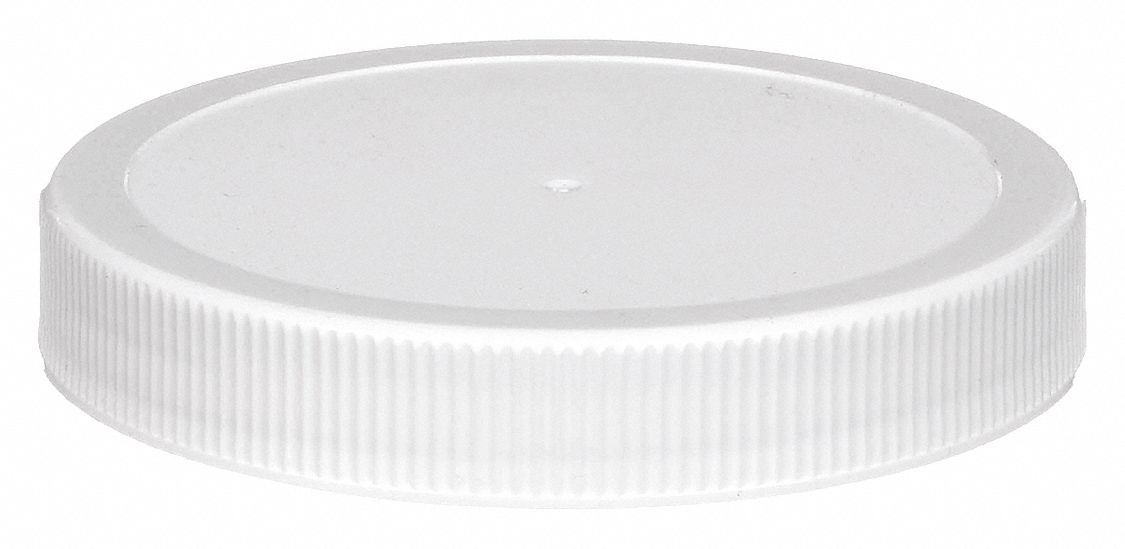 Cap: 53 mm Dia, White, Polypropylene, Polyethylene, 53-400 mm Screw Closure Size, Wide Mouth Size