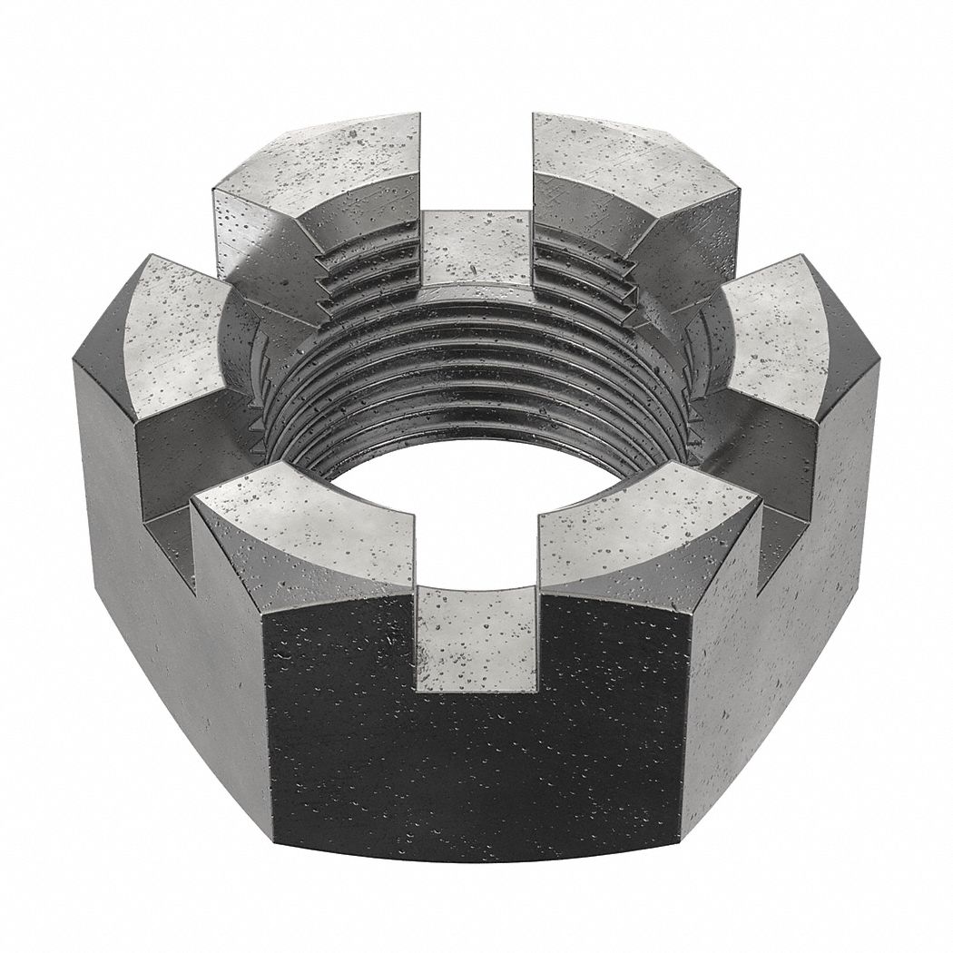 Castle Nut: Slotted Castle, Std Hex, 1 1/4"-12 Thread Size, Steel, Grade 8, Plain, 1 7/8 in Hex Wd