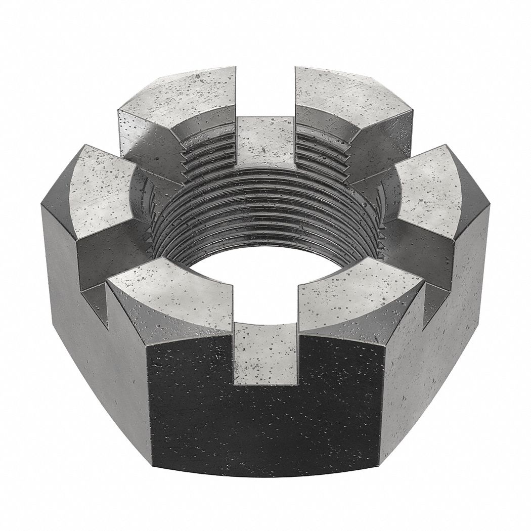 Castle Nut: Slotted Castle, Std Hex, 1 1/2"-12 Thread Size, Steel, Grade 8, Plain, 2 1/4 in Hex Wd
