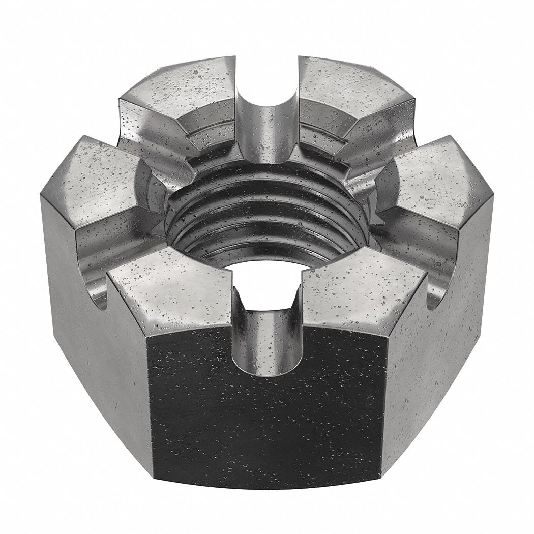 Castle Nut: Slotted Castle, Heavy Hex, 7/8"-9 Thread Size, Steel, Grade 2H, Plain, 5 PK
