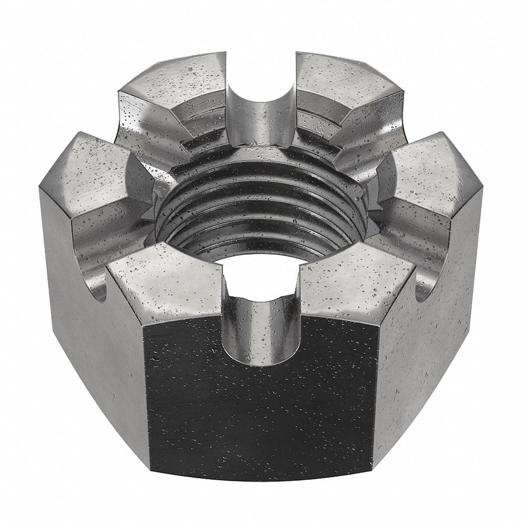 Castle Nut: Slotted Castle, Heavy Hex, 1 3/4"-5 Thread Size, Steel, Grade 2H, Plain, 2 3/4 in Hex Wd