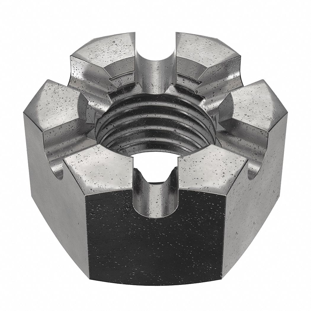 Castle Nut: Slotted Castle, Heavy Hex, 1"-8 Thread Size, Steel, Grade 2, Plain, 5 PK