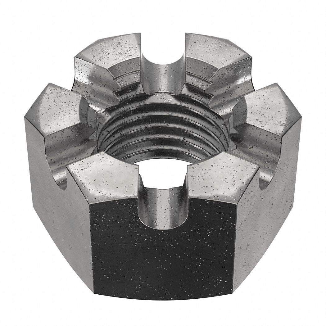 Castle Nut: Slotted Castle, Heavy Hex, 1 1/2"-6 Thread Size, Steel, Grade 5, Plain, 2 3/8 in Hex Wd
