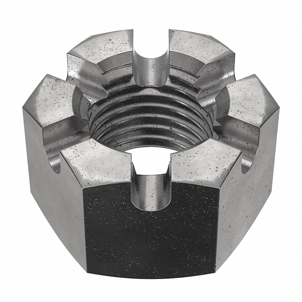 Castle Nut: Slotted Castle, Heavy Hex, 2"-4 1/2 Thread Size, Steel, Grade 5, Plain, 3 1/8 in Hex Wd