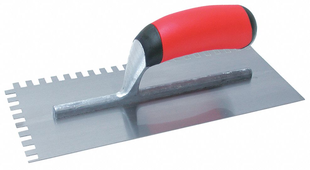 TROWEL, NOTCHED, 1/4 X 3/8 X 1/4 IN NOTCHES, 5 X 4-1/2 IN, TEMPERED STEEL/ RUBBER, 6 UNITS