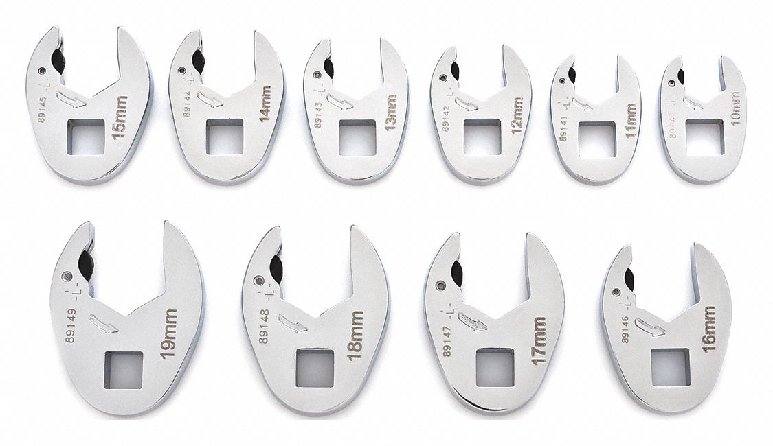 Crowfoot Socket Set: Alloy Steel, Chrome, 10 Tools, 3/8 in Drive Size, 6 Points